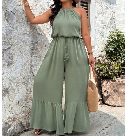 Plus Sage Green Halter Neck Wide leg Jumper Jumpsuits - Picture 1 of 4